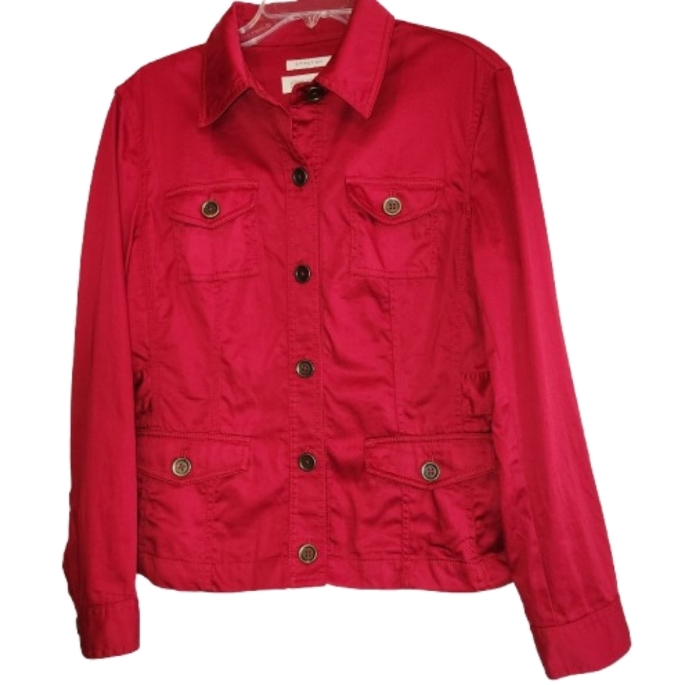 Jones New York Sport Stretch Red Button-Up Jacket Size M Front Patch Pockets